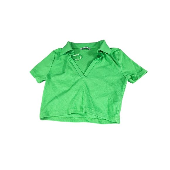 Neon Green Ribbed Polo Crop Top Short Sleeve Zara Size M - Picture 7 of 11